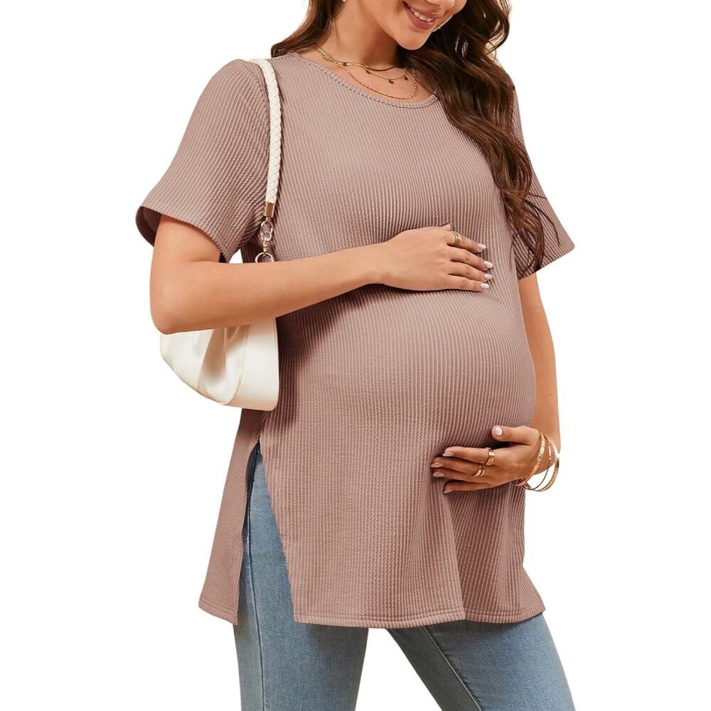 Maternity T Shirts Womens Summer Ribbed Short Sleeve Tunic Tops Pregnancy